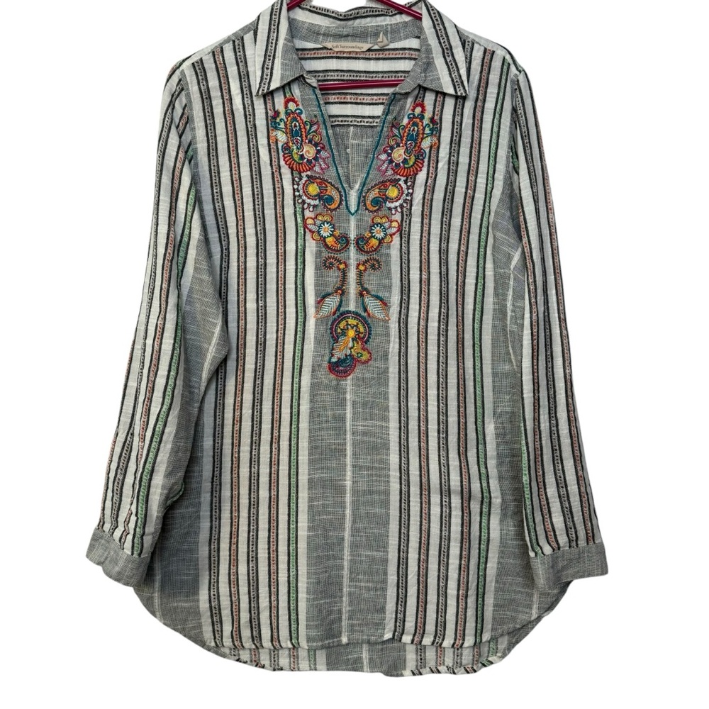 Soft Surroundings Aruba Embroidered Striped   Side Pockets Roll Tabs Boho Size L